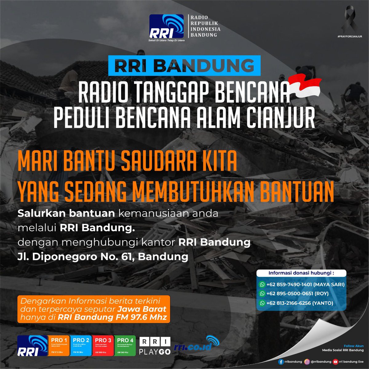 Yuk mimin tunggu bantuanmu yah di RRI Bandung dalam bentuk apapun untuk korban bencana alam Cianjur, semoga bantuan Teman Pro2 bisa meringankan beban korban bencana.