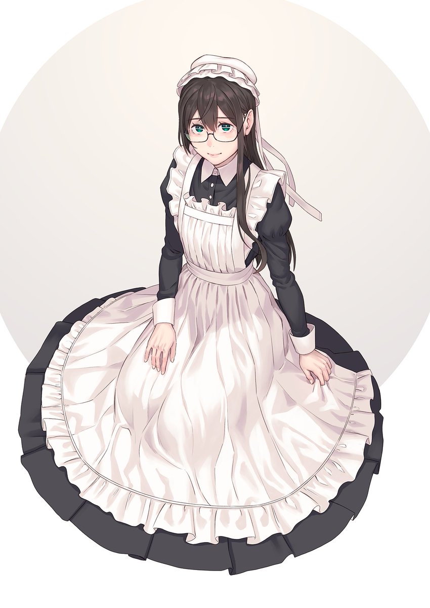 ooyodo (kancolle) 1girl solo black hair long hair glasses apron hat  illustration images