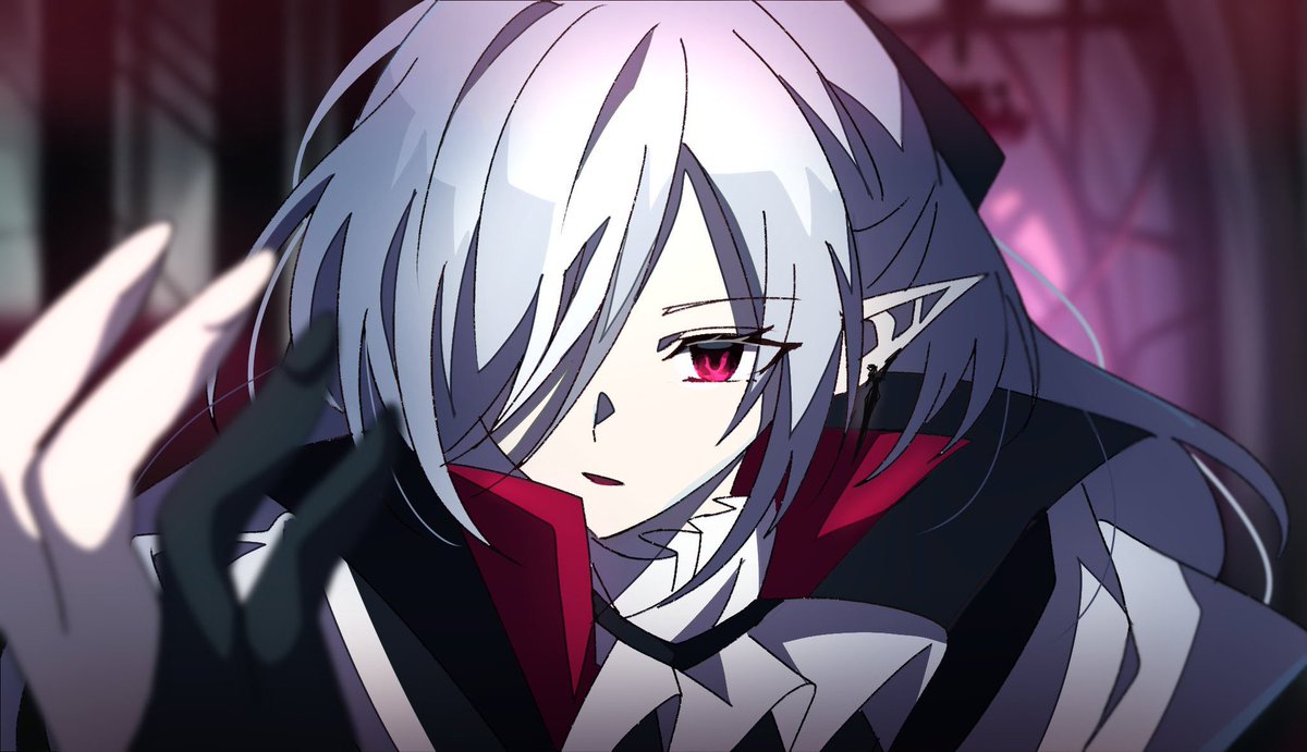 1girl red eyes pointy ears hair over one eye white ascot grey hair high collar  illustration images