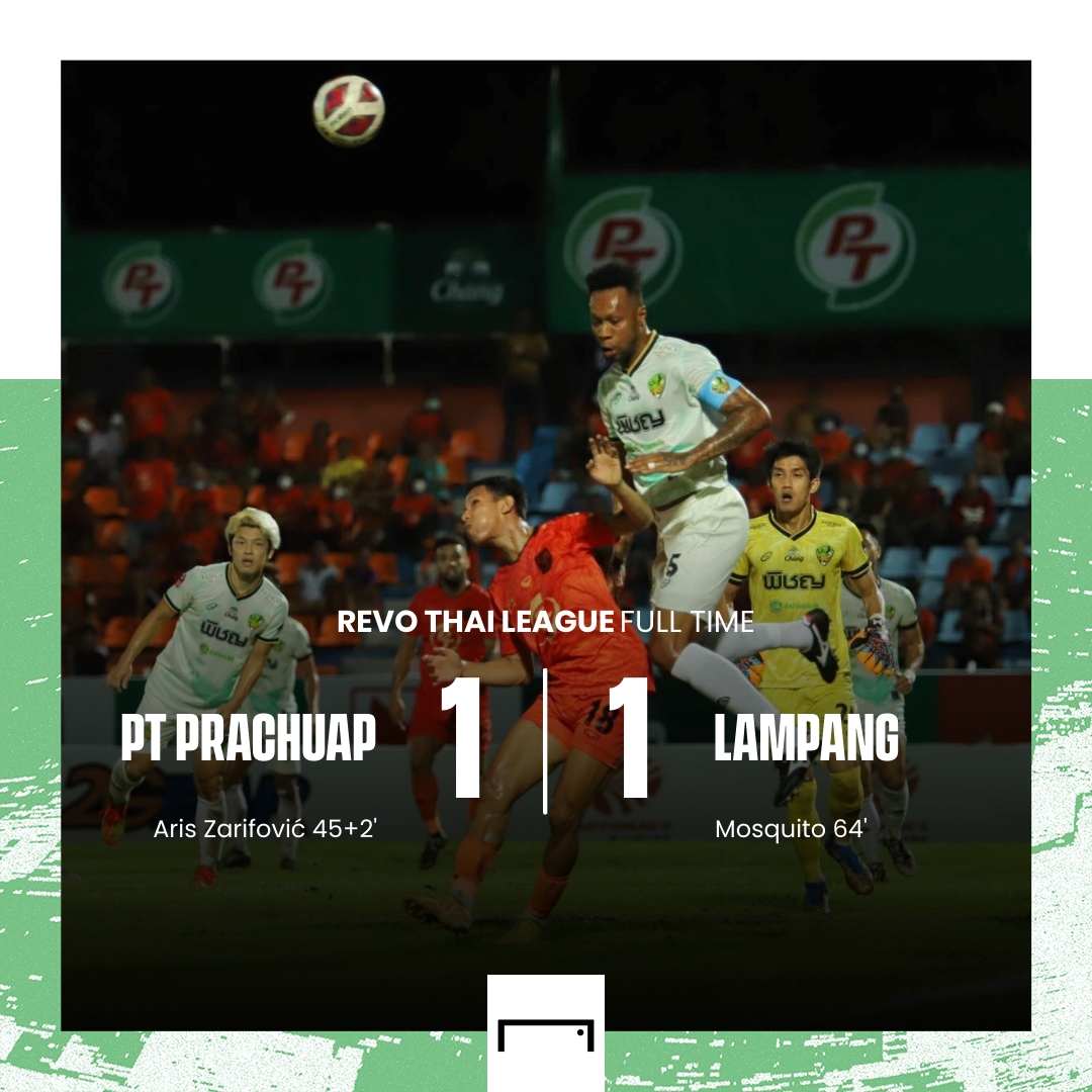 Goal_TH's tweet photo. #FT | หมดเวลาการแข่งขัน #รีโว่ไทยลีก 2022/23 แมตช์เดย์ที่ 15
พีที ประจวบ เอฟซี 1-1 ลำปาง เอฟซี
⚽️ 1-0 อริส ซาริโฟวิช น.45+2
⚽️ 1-1 ติอาโก้ มอสกีโต้ น.64
#RevoThaiLeague #PrachuapFC #LPFC #ฟุตบอลไทย #บอลไทย https://t.co/iIvS2lp27J