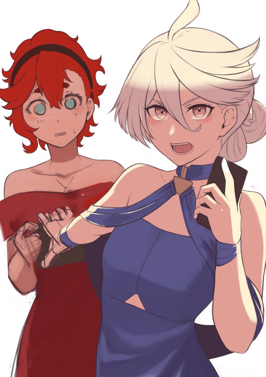 miorine rembran ,suletta mercury multiple girls 2girls dress red hair grey eyes ahoge white background  illustration images