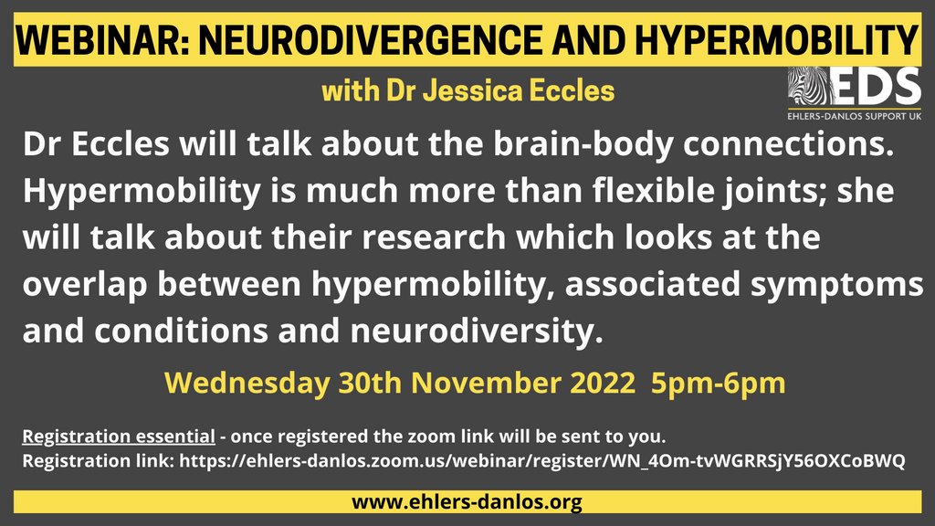 ehlersdanlosuk's tweet photo. Dr. Jessica Eccles @bendybrain will join us for a webinar this month to talk about brain-body connections, &amp; their research looking at the overlap between #hypermobility, associated symptoms and conditions, and neurodiversity. 

https://t.co/Z6qiGpNWKe https://t.co/Ikh1TvPfoH