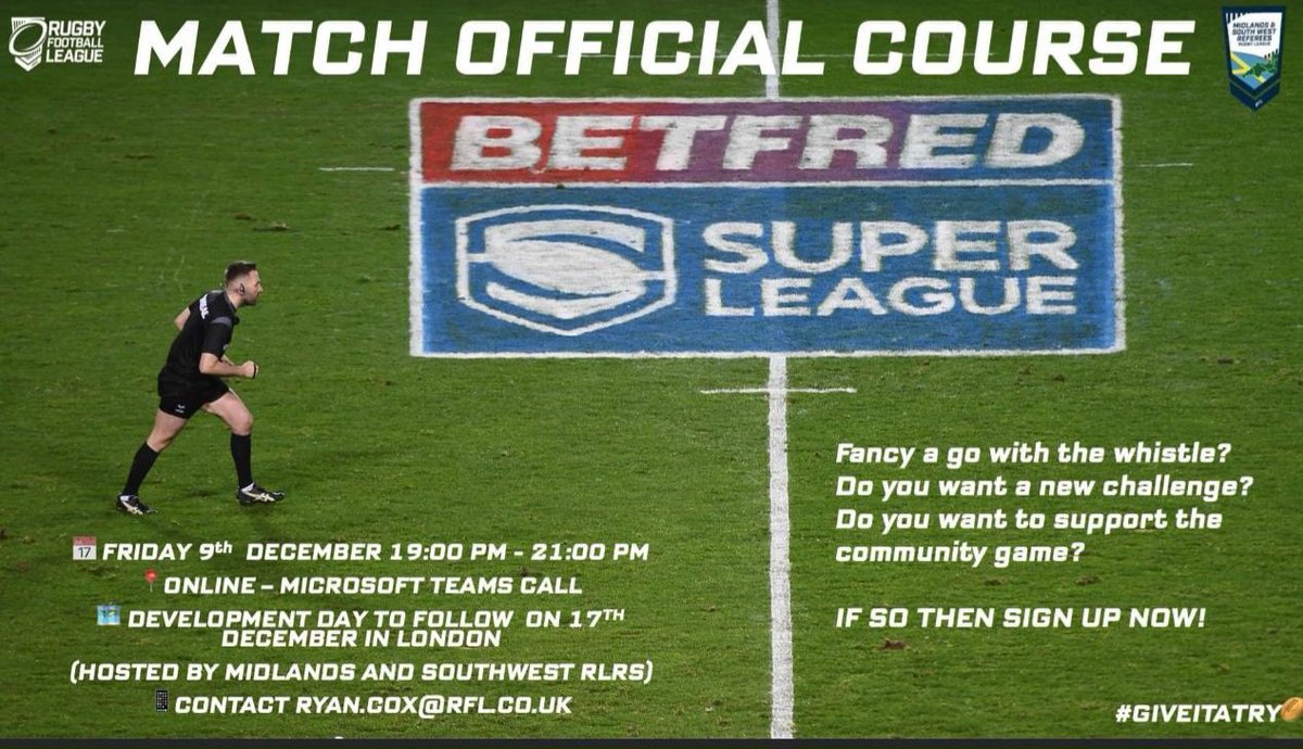 Army Rugby League (@armyrugbyleague) on Twitter photo Referees Needed!
Midlands and South West RLRS are running a course next month and have spaces available.
First session online on 9th December, follow up development day on 17th December.
Contact Ryan.Cox@RFL.co.uk to sign up.
#giveitatry Referees Needed!
Midlands and South West RLRS are running a course next month and have spaces available.
First session online on 9th December, follow up development day on 17th December.
Contact Ryan.Cox@RFL.co.uk to sign up.
#giveitatry