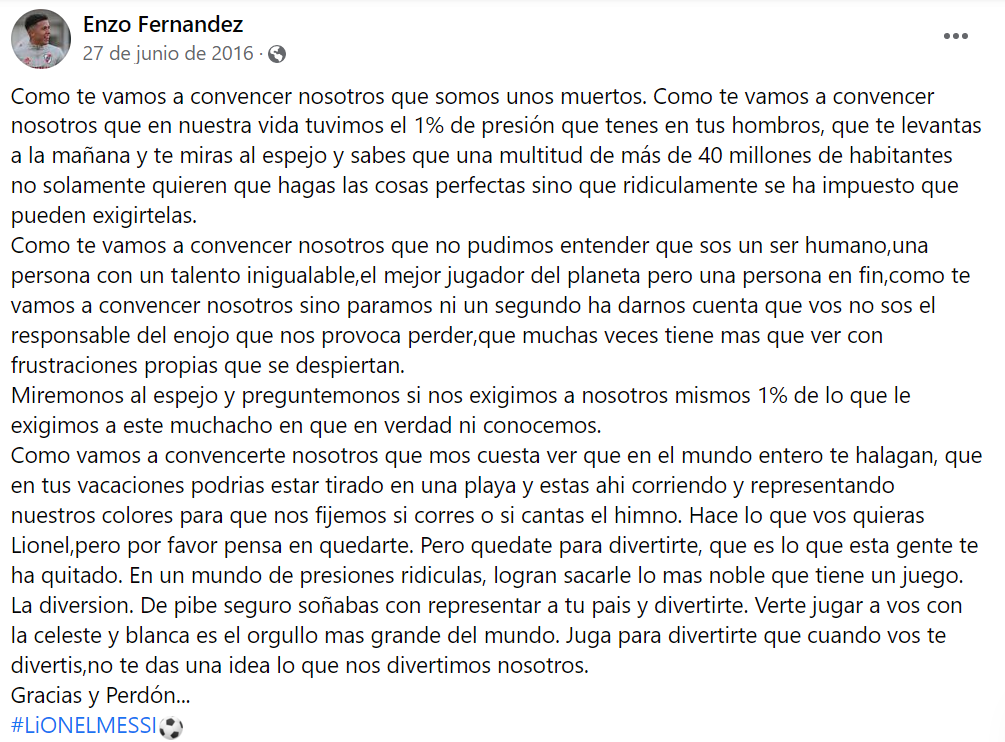 el 26 de junio de 2016 enzo fernández veía cómo la argentina de sus