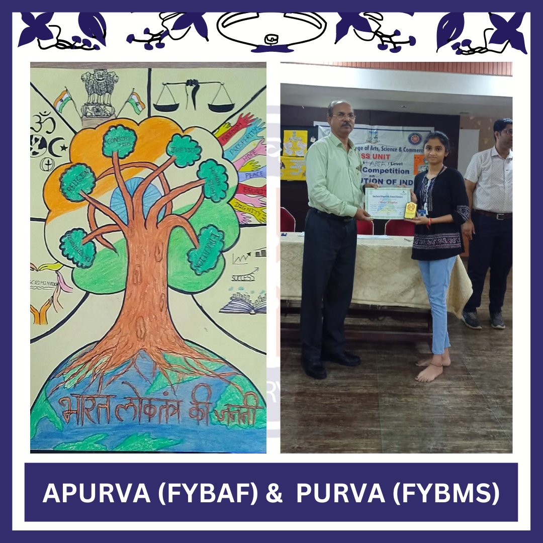 Congratulations to  Apurva(FYBAF)and Purva(FYBMS)for securing 3rd prize at the Seva sadan college organiser inter collegiate poster making competition with the theme India mother of all democracy.
It is all the more appreciable because they made it one hours time Congrats girls🎉