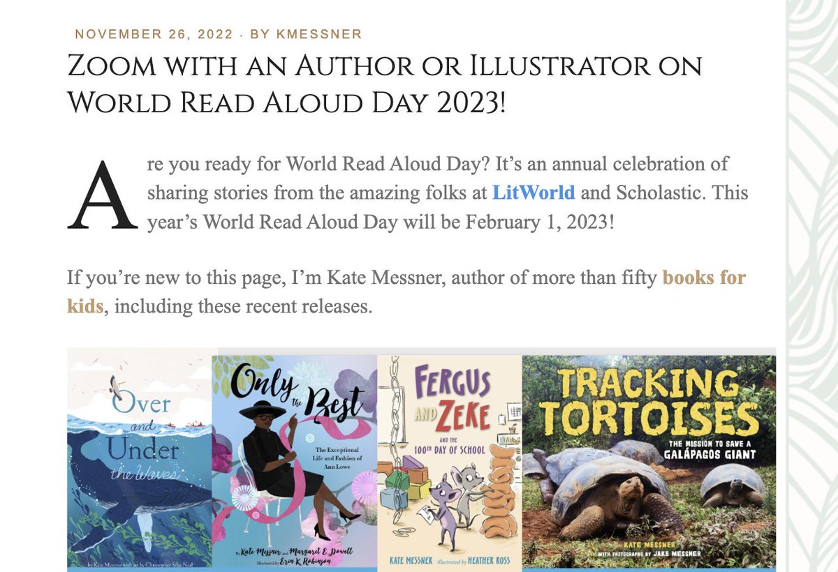 Teachers &amp; librarians! Want to Zoom with an author or illustrator for World Read Aloud Day on February 1st? Here are some amazing opportunities - including a list of more than 200 authors &amp; illustrators volunteering their time on that day! katemessner.com/zoom-with-an-a…