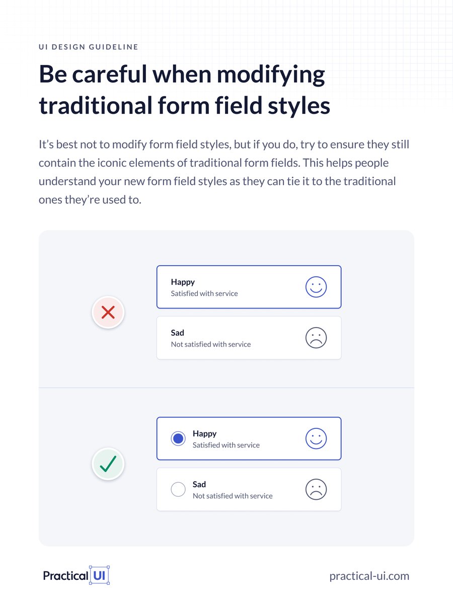 AdhamDannaway's tweet image. ⚡️ UI design tip - Be careful when modifying traditional form field styles

To help avoid usability issues, it’s safest to stick with traditional form field styles as they&apos;re familiar.

Quick tips if you want to modify form styles 👇

1/3 🧵

#ui #ux #uidesign #uxdesign #uiux