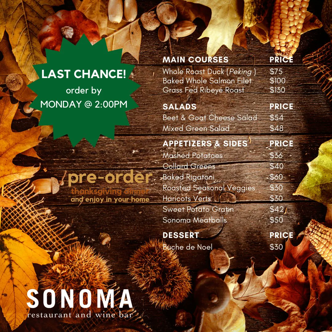 Tomorrow (Monday) is the last chance to pre-order your Thanksgiving meal from Sonoma. Don't miss out on a stress free, meal prepared by a professional chef.

 buff.ly/3V43oKl 

#PreOrderThanksgiving  #ThanksgivingFeast #DCThanksgiving #Friendsgiving #BoozyThankgiving