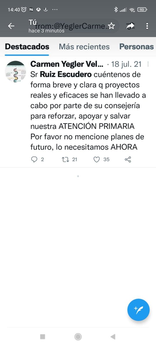 YeglerCarmen's tweet photo. He buscado el Twyt q le envié a Ruiz Escudero q hubiera podido provocar q me bloqueara. Solo me sale este de julio de 2021 https://t.co/C9PJYF53Jj