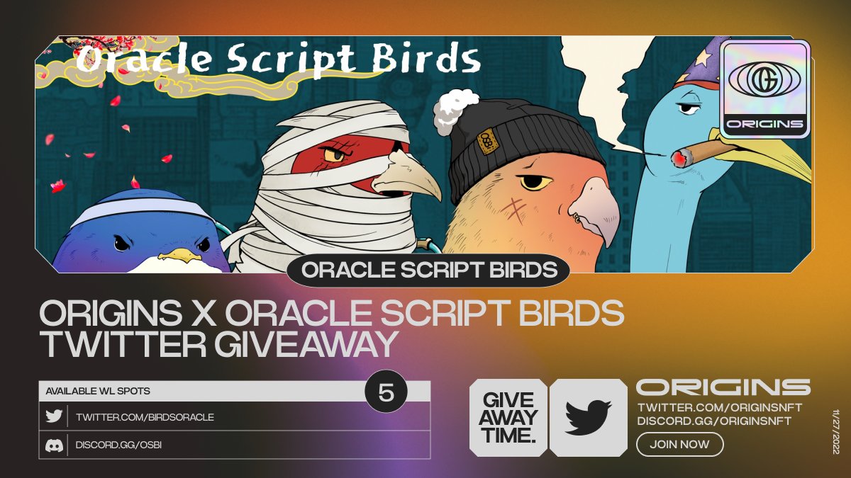 Origins_Collabs's tweet photo. Origins x Oracle Script Birds

The metaverse where Four Mystery Birds embark on a journey to modern-day society, creating a playful mashup of ancient history and the modern world.

5 Spots!

To enter:
1. Follow @BirdsOracle &amp; @Origins_Collabs
2. Like+RT+Tag 3 friends

24 hours! https://t.co/QtmksZNf1q
