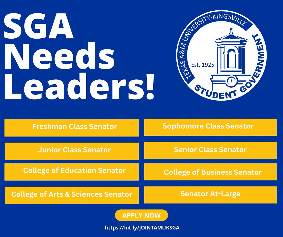 SGA needs student leaders. Apply now and join our legislative session! 

bit.ly/JOINTAMUKSGA

#tamuksga #join