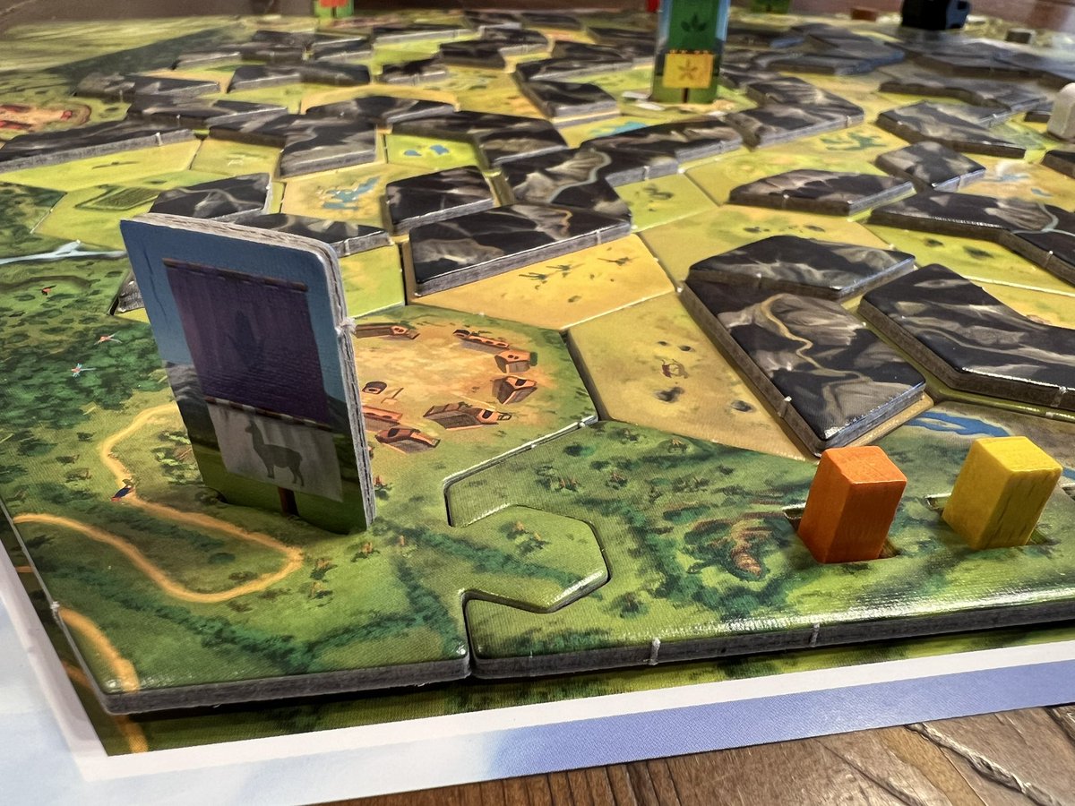 Played P’achakuna by Treeceratops games!!  This is a 2-player pick-up and deliver  game where your taking various colored dyes to villages with certain color demands.  Your lama travels on either the green or black paths and tiles can be rotated. Very enjoyable and < 1 hour!