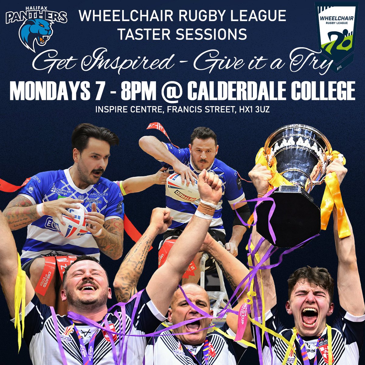 HalifaxPanthers's tweet photo. WHEELCHAIR RUGBY LEAGUE TASTER SESSIONS begin at 7pm tomorrow evening at @CalderdaleCol @InspireSFCentre 🧑‍🦽🏉

Due to huge interest in these sessions, we're asking anybody wishing to take part to book in via Malcolm Kielty 👇
☎️ 07946510900
📧 malcolm.kielty@outlook.com

#FAX150 https://t.co/yO4GRXUisW