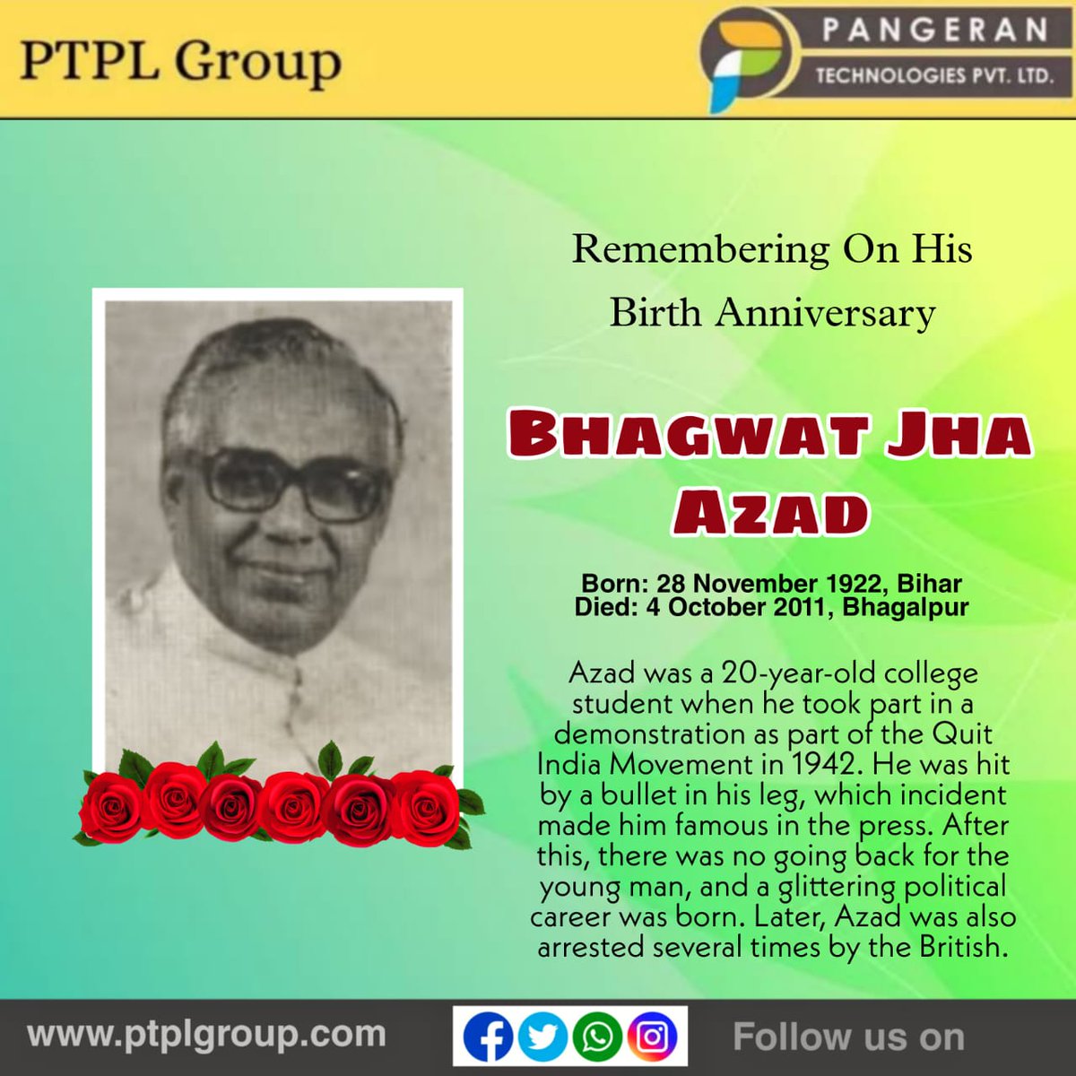 Pangeran Technologies Remembering Bhagwat Jha Azad on his Birth Anniversary 🙏🏻🙏🏻💐💐

#bhagwatjhaazad #100thbirthanniversary #freedomfighter #biharchiefminister #pangerantechnologies #bestitserviceprovider #itservices #itsupport #technology #itsolutions #informationtechnology