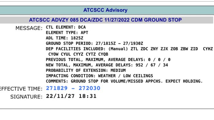 petemuntean's tweet image. On likely the biggest travel day of the year, bad weather has caused the FAA to impose a ground stop for flights bound for Reagan National Airport.