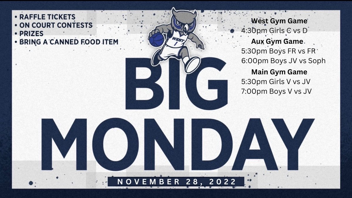 BIG MONDAY is tomorrow! Calling all CURRENT &amp; FUTURE OWLS! This will be a FUN night with scrimmages, trivia &amp; games with fan participation, performances by the cheer &amp; dance teams, introduction of ALL winter sports athletes &amp; more! Entry is FREE - please bring a canned good.