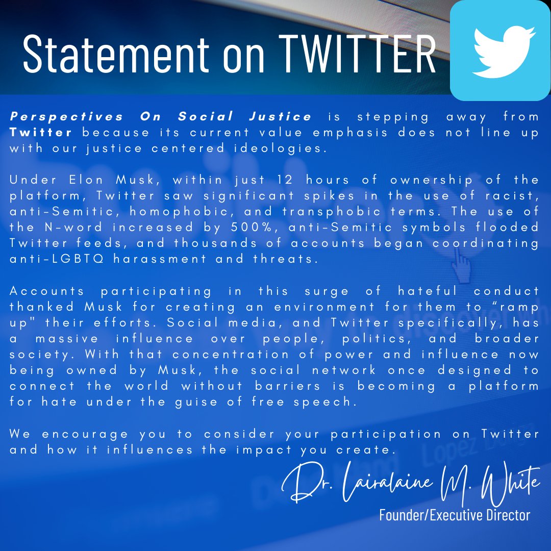 DrWhitesView's tweet photo. We are stepping away from Twitter because the current value emphasis does not line up with our ideologies. #PerspectivesOn #antiTwitter #TwitterOFF #TwitterDown #twitterNO #Thesistersperspective https://t.co/C59R7PH4k1