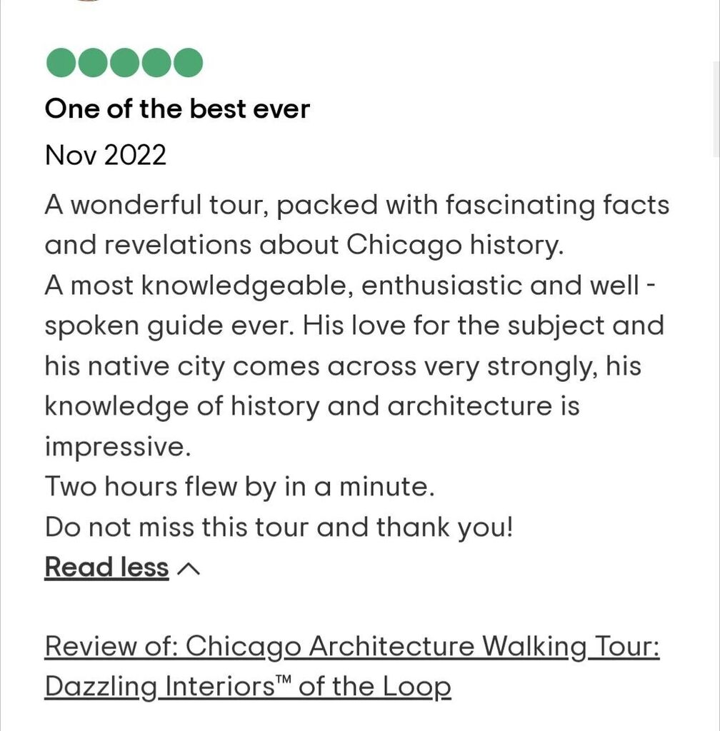 InsideChiTours's tweet photo. Accolades for my longtime guide and fellow Chicago nerd, Adam! Super smart, funny, and a great representative of the city and of my company.
.
#insidechicagowalkingtours #insidechicago #chicagoarchitecture #architecturetourchicago #Chicago #supportsmallb… https://t.co/8lCProUwSh https://t.co/Grld1HbUZr
