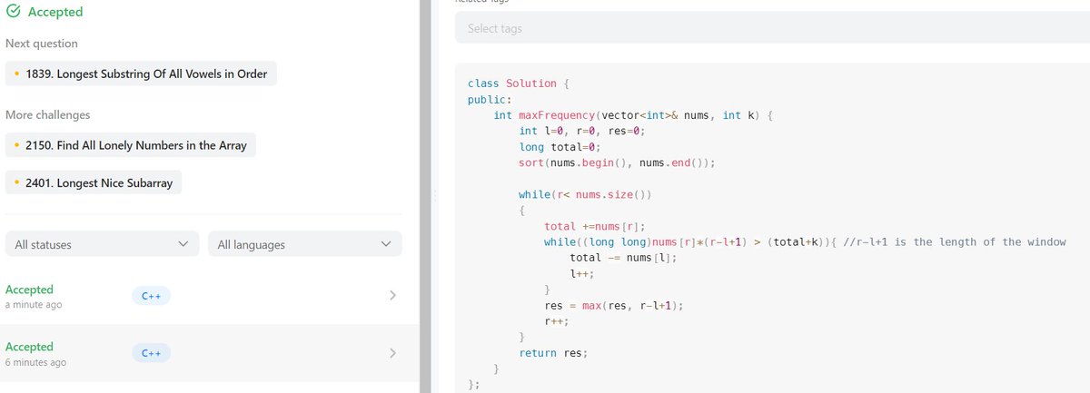 Kunjika_9's tweet photo. Day 45:
Problem: Frequency of most frequent
#GirlsWhoCode #60daysofcoding #60daysofgrowth https://t.co/hKrlbG85TB