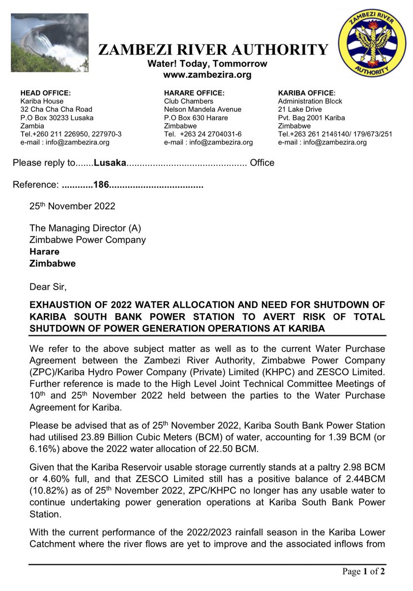 newswireZW's tweet photo. 🚨 Kariba Power Station “no longer has any usable water to continue undertaking power generation”. 

Power crisis about to get worse, as Kariba, which produces over 70% of Zimbabwe’s electricity, has to shut down till January because water levels are too low to generate power https://t.co/CL5Jc4FhUw