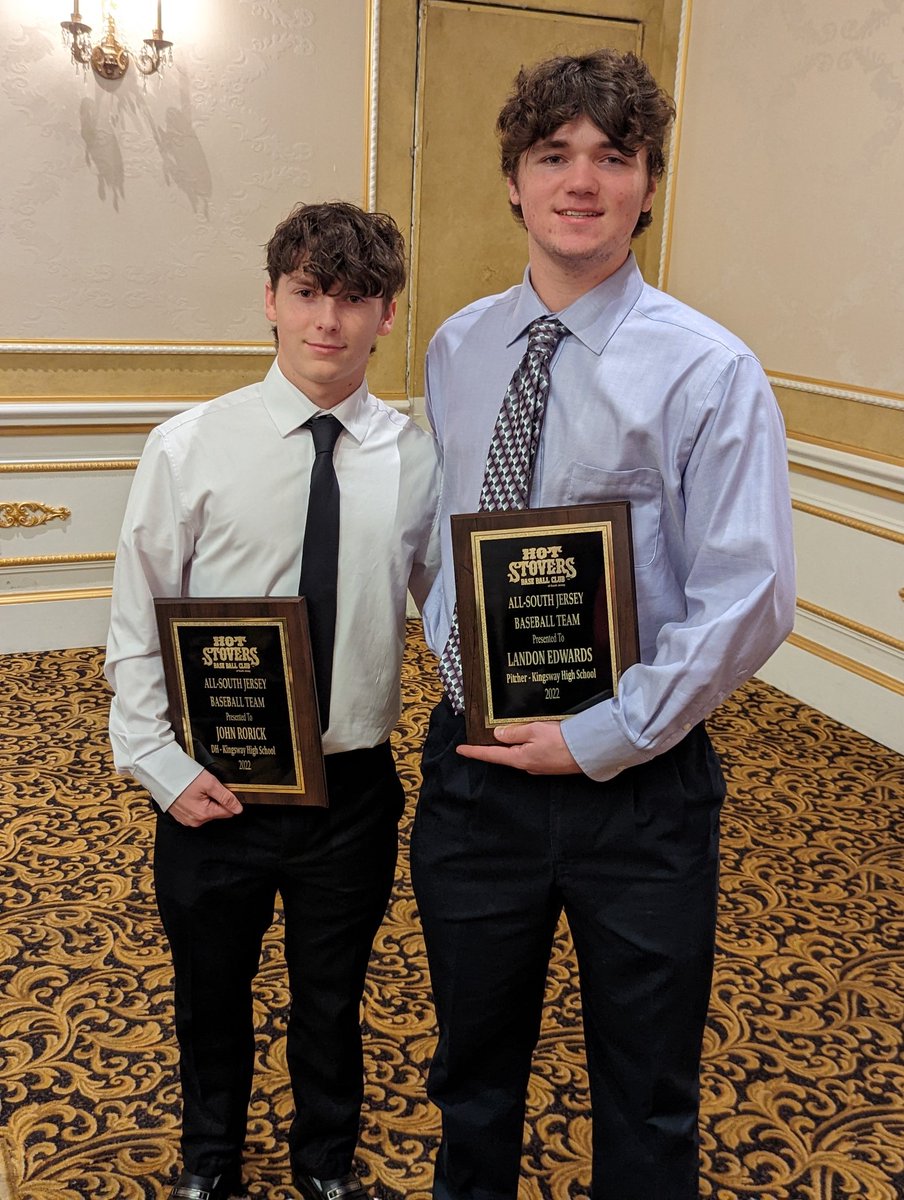 Congratulations to @Landon_E16 and @johnRorick11 for being honored at Hot Stover All South Jersey Team. Couldn't ask for 2 better representatives from Kingsway @Dragons_AD @Kingswaysuper #RollDrags ⚾⚫🔴