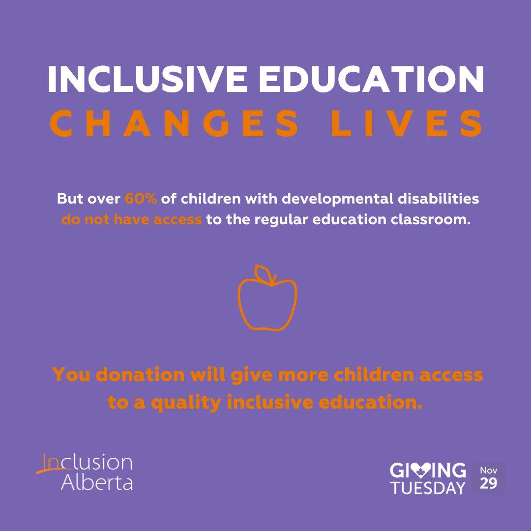 #InclusiveEducation changes lives. But over 60% of children with developmental disabilities do not have access to the regular education classroom.
Your #GivingTuesday donation will give more children access to a quality inclusive education. inclusionalberta.org/donate/make-a-…
