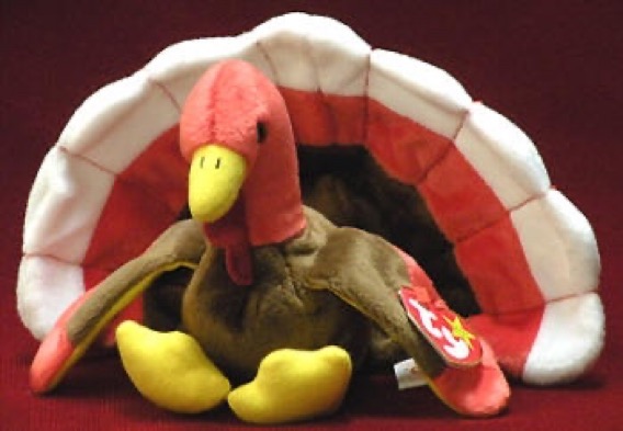 beaniebabybot's tweet photo. Gobbles the turkey. 
Birthday: November 27, 1996.
“Gobbles the turkey loves to eat
Once a year she has a feast
I have a secret I’d like to divulge
If she eats too much her tummy will bulge !” https://t.co/ytOTdJijTs