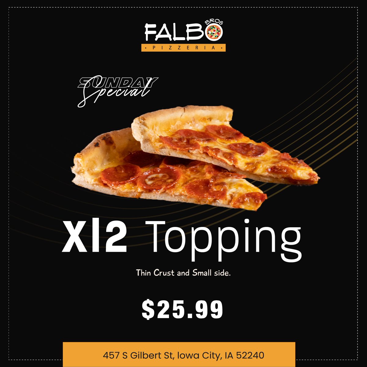 realFalbosIC's tweet photo. Give yourself a treat this Sunday with an XL 2 topping thin crust pizza and your favorite small side, all for $25.99 at Falbo Brothers Pizzeria. 
https://t.co/gpB0camUkt

#SundaySpecial #XL2Toppings #OrderOnline #SpecialDiscount #Iowacity #FalboBros #ThinCrust https://t.co/6yy2NWfAiE