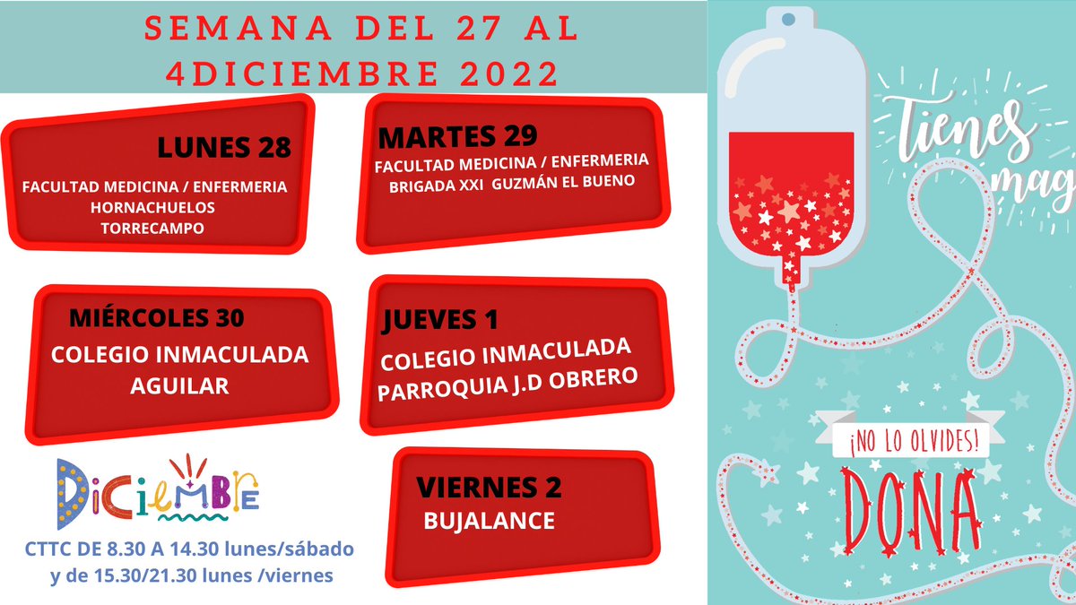 donantescordoba's tweet photo. Acaba #noviembre y encaramos diciembre. Esta semana visitaremos la Facultad de Medicina-Enfermería, #hornachuelos #torrecampo Brigada XXI, Colegio Inmaculada,#aguilardelafrontera ,Parroquia jesús Divino Obrero y #Bujalance. Horarios y mas detalles en https://t.co/BLKa4IEsfo. https://t.co/fOb1Bttkog