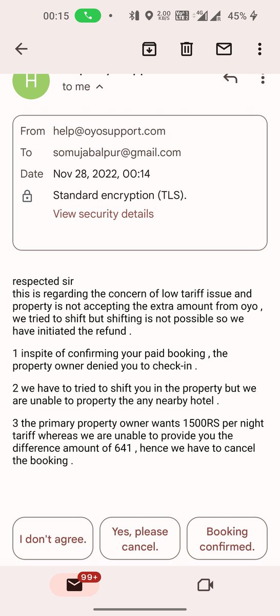 somupandey's tweet photo. @oyorooms @riteshagar 

Inspite of paid booking from Oyo I was denied checkin at midnight 11;49 am ...

After a call of more than 1 hour,. I was forced to pay an extra 3000 for checkin .
Please close this app, and stop misguiding and harrassing people's.

Screenshot attached https://t.co/qtSpLivR0l