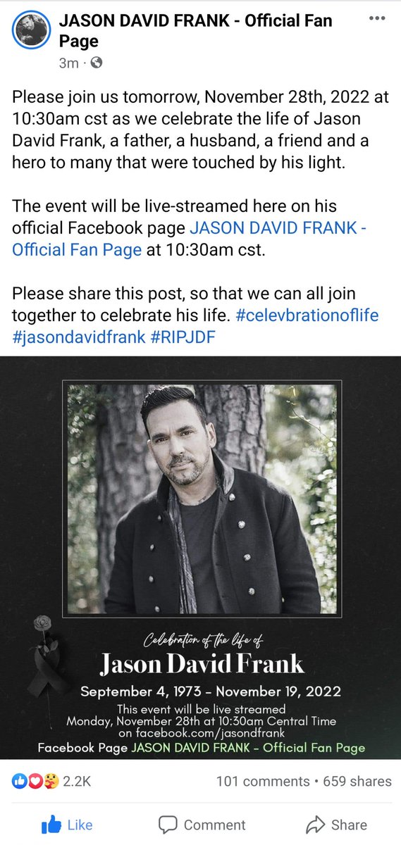 LunarSkye's tweet photo. Jason David Frank's funeral will be livestreamed on his Facebook page tomorrow at 10:30am CST. Tune in if you can, Ranger Nation. 💚🤍❤🖤🕊🙏

https://t.co/TaLpE3ZUos

#JDF #PowerRangers #MightyMorphin #Zeo #Turbo #DinoThunder https://t.co/fGBw5P02nn