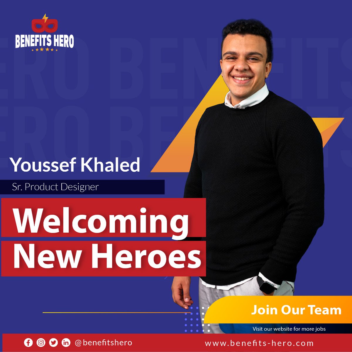 Benefits_Hero's tweet photo. We’re adding some new heroes to the squad

Name: Youssef Khaled
Years in service: 6 years in software and products development
Superpowers: X-ray vision for design, and unmatched ability to improve the user experience
#TeamWork #NewlyHired #WorkHero #Team https://t.co/0sHT4CngEs