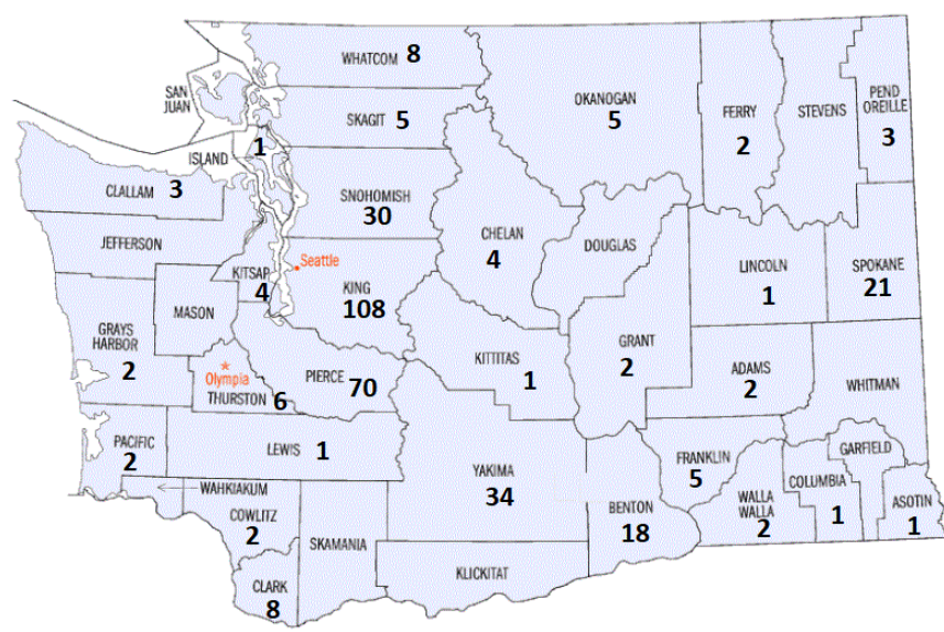 WAStateHomicide's tweet photo. BY THE NUMBERS: Here is a look at homicide totals in every Washington State county as of today.  The counties with no numbers have zero. #homicides #wastatehomicide #killings #murder #murdermap https://t.co/V8GuzBbA3N