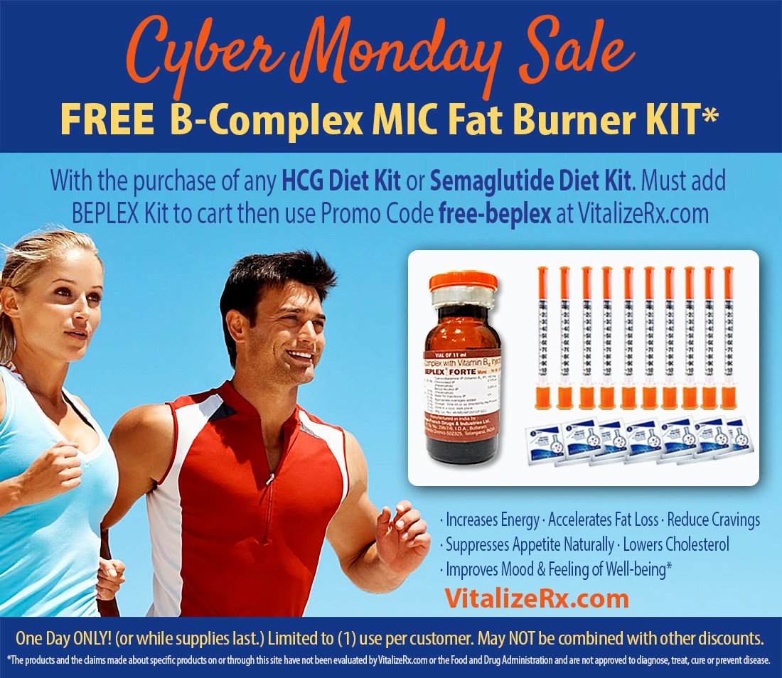 BodyFitTweets's tweet image. CYBER MONDAY | FREE BEPLEX Forte Mono w/ MIC Lipo Fat Burner KIT with purchase of any HCG Diet Kit or Semaglutide Diet Kit - $139.00 Value! ONE DAY ONLY Coupon free-beplex expires midnight 11/28/2022. Restrictions apply VitalizeRx.com #weightloss #hcgdiet #semaglutide