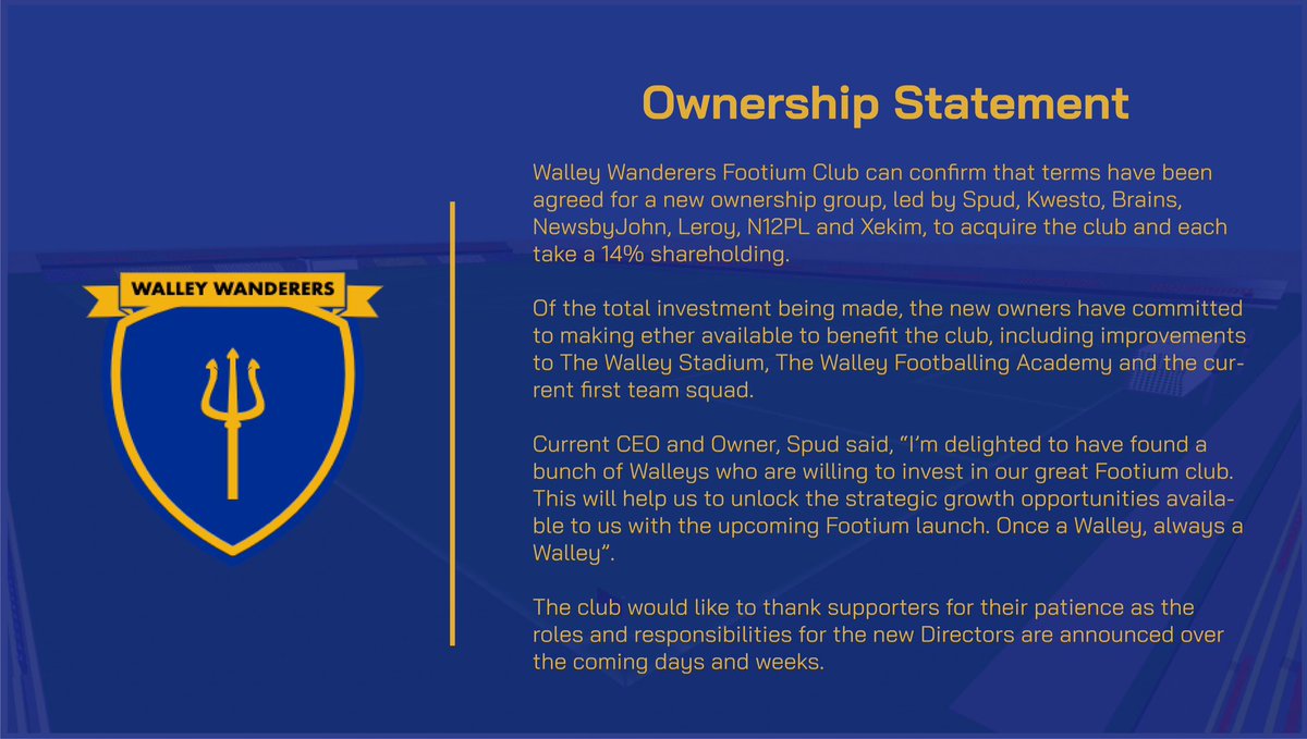 WalleyWanderers's tweet photo. The Walleys are proud to announce our new ownership model! @Footium @Top_Spud_ @XekimSG @kwesto09 @Newsby_John @Brains_23 @N12PL @Leroy88G https://t.co/lzMwYFf3a7