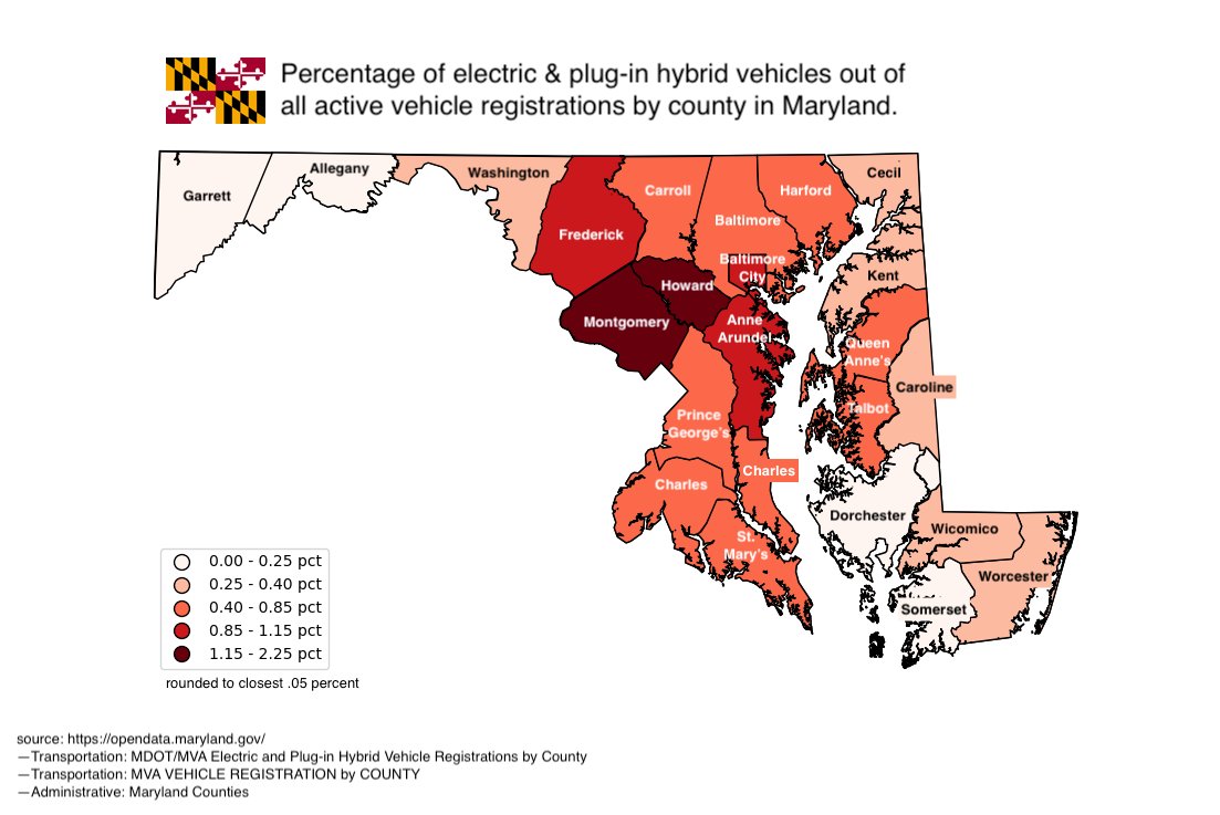 Klinck_0's tweet photo. Percentage of electric &amp; plug-in hybrid vehicles out of all active vehicle registrations by county in Maryland.
#Maryland #data #DataVisualization #ElectricVehicles https://t.co/VgeDuMr14Q