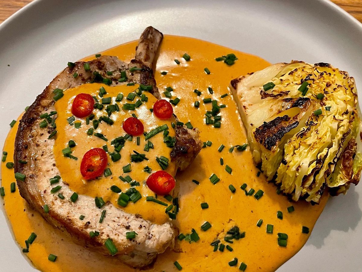 NeophyteCook's tweet photo. Pork Loin: with grilled savoy cabbage and a paprika and mustard cream sauce. https://t.co/rQepNgSPsp