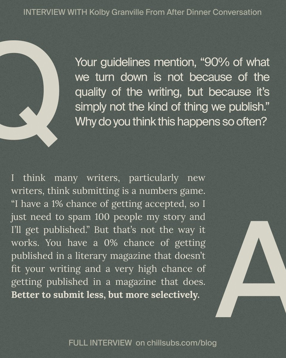 New interview with Kolby Granville, the EiC of <a href="/AfterDinnerCon/">After Dinner Conversation</a>, a lit mag looking for stories that spur discussions and expand the reader’s mind. We talked about their extensive guidelines (with a video!), running a journal while living abroad, and more🙃

chillsubs.com/blog/after-din…