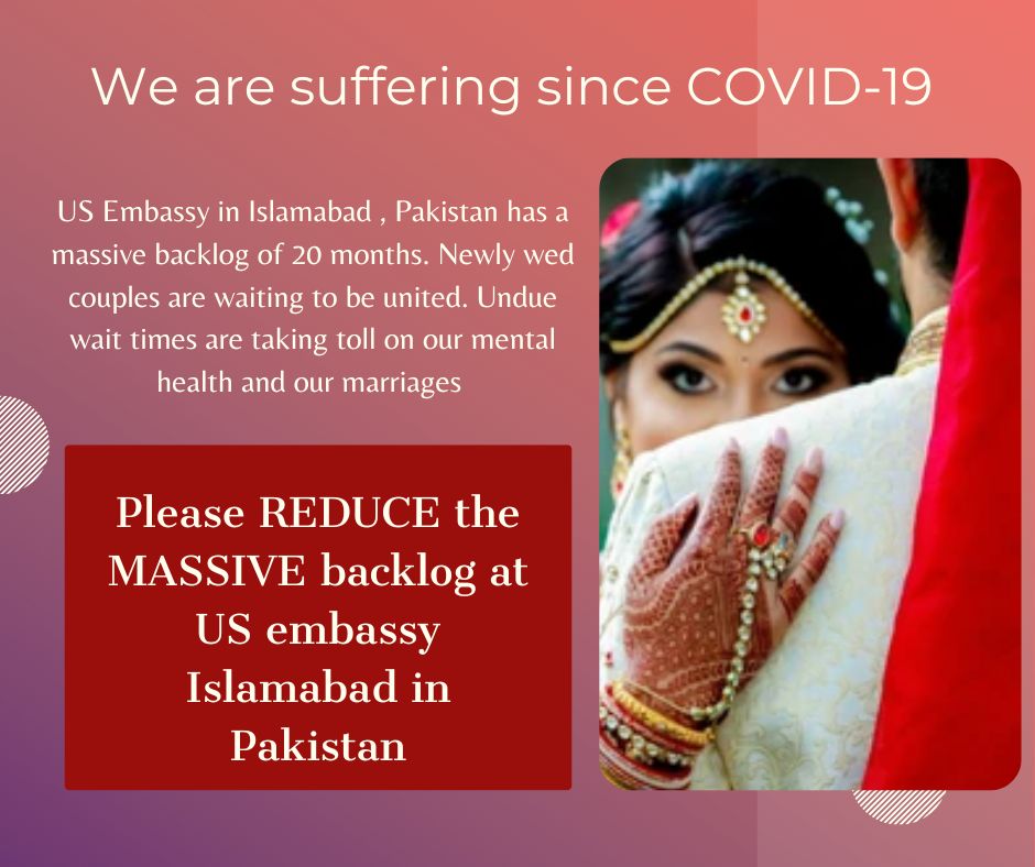 Rida40957514's tweet photo. All embassies have cleared the covid backlog. @usembislamabad is still stuck on Pakistani Immigrant cases of early 2021. Pakistani immigrants r humans with feelings. We want to be with our spouses &amp; children. 
#immigrantvisabacklog_Islamabad 
#USinterview_Pakistani_Immigrants https://t.co/oVX2yNTQrS