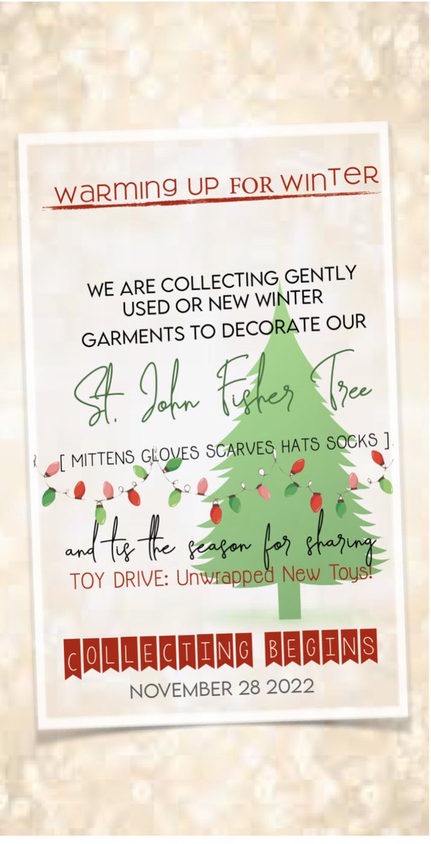 As we begin the Advent season let us come together to provide for those in need. <a href="/JFDPCDSB/">St. John Fisher DPCDSB</a> #fooddrive, #toydrive, #clothingdonations #wamupforwinter❄️