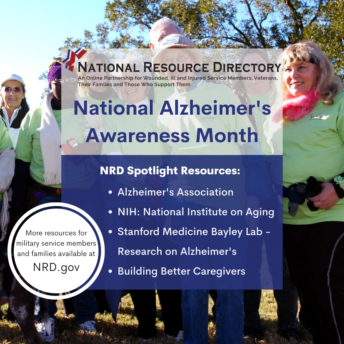 Over 6.2 million Americans are living with #AlzheimersDisease, this is not a normal part of aging. These #NRD spotlight resources focus on Alzheimer's detection, research, and quality care. 

For more resources, visit 🌐 bit.ly/3gCYO6E
#nationalalzheimersawarenessmonth