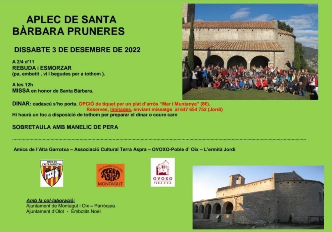 OvoxoOix's tweet photo. APLEC DE SANTA BÀRBARA DE PRUNERES
Dissabte 3 de desembre de 2022
(això és un no parar 😅)
#AltaGarrotxa #lagarrotxa #montagutioix #oix https://t.co/jdOfKynq6q