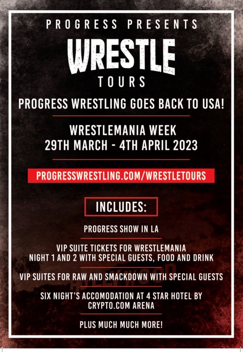 WrestleTours's tweet photo. 🇺🇸 PROGRESS proudly presents WrestleTours! 

👉 Join us for #WrestleMania week! 
🗓 29th March - 4th April 2023
📍Los Angeles, California, USA. 

Includes:

🎟 VIP Suite Tickets to WrestleMania, RAW &amp; SmackDown!

🎟 Entry to PROGRESS USA show! 

🏨 6 Night’s of 4⭐️Accommodation! https://t.co/7EV7YI6KCJ