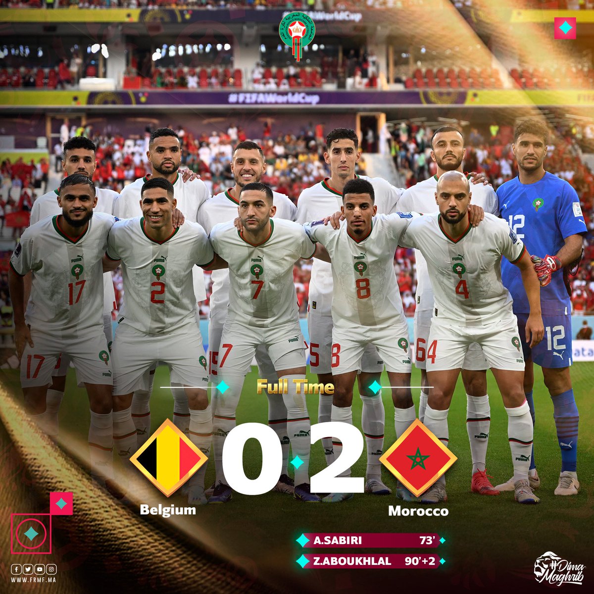 نهاية المقابلة بفوز المنتخب الوطني أمام منتخب بلجيكا بهدفين مقابل لا شيء 🤩

🏁FULL TIME | Morocco 2 - 0 Belgium 
It's a win for our Atlas Lions 🦁 PROUD OF YOU 

#DimaMaghrib 🇲🇦  #TeamMorocco #FIFAWorldCup <a href="/pumafootball/">PUMA Football</a>