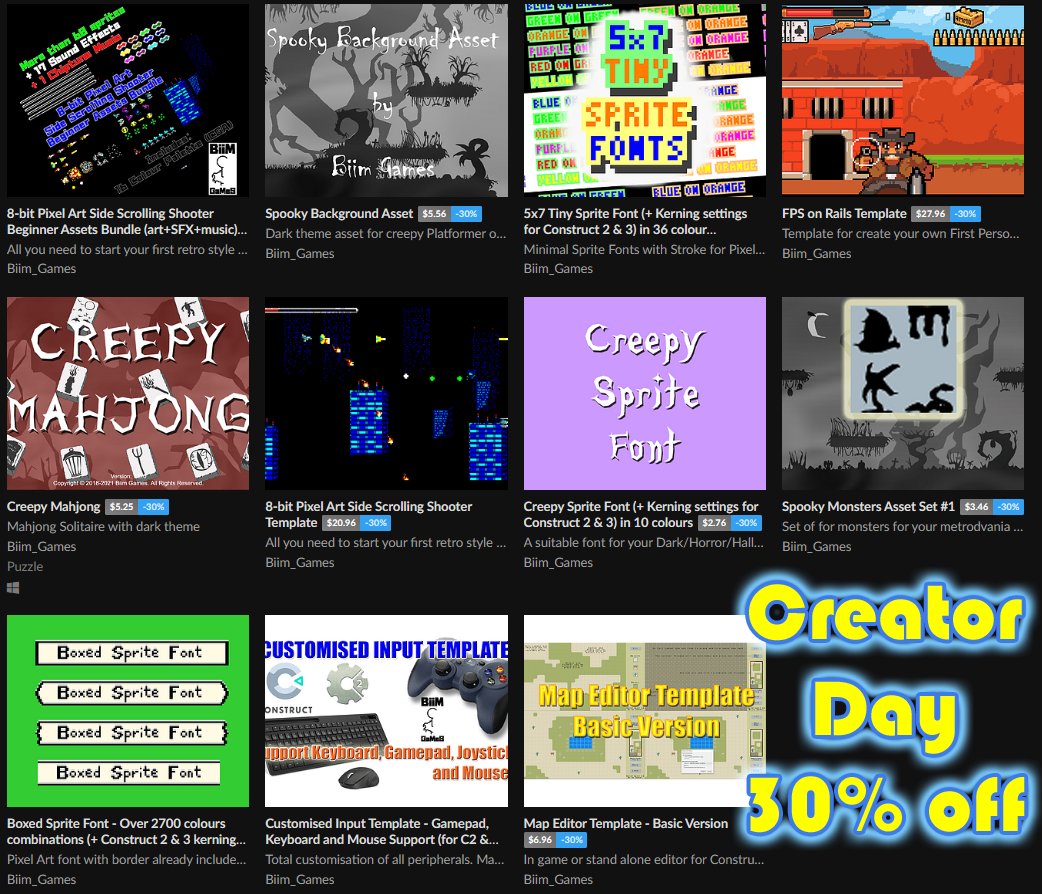 Biim_Games's tweet photo. Today is Creator Day and I offer 30% off on all my products! #videogame, #gameassets and #templates for #Construct2 &amp; #Construct3 @itchio

https://t.co/e4HGWRvkBQ

#gamedev #IndieGameDev #indiegames #indiegamedeveloper #pixelart #Retro #horror #solitairegame #spritefonts #shooter https://t.co/yw052RATfR