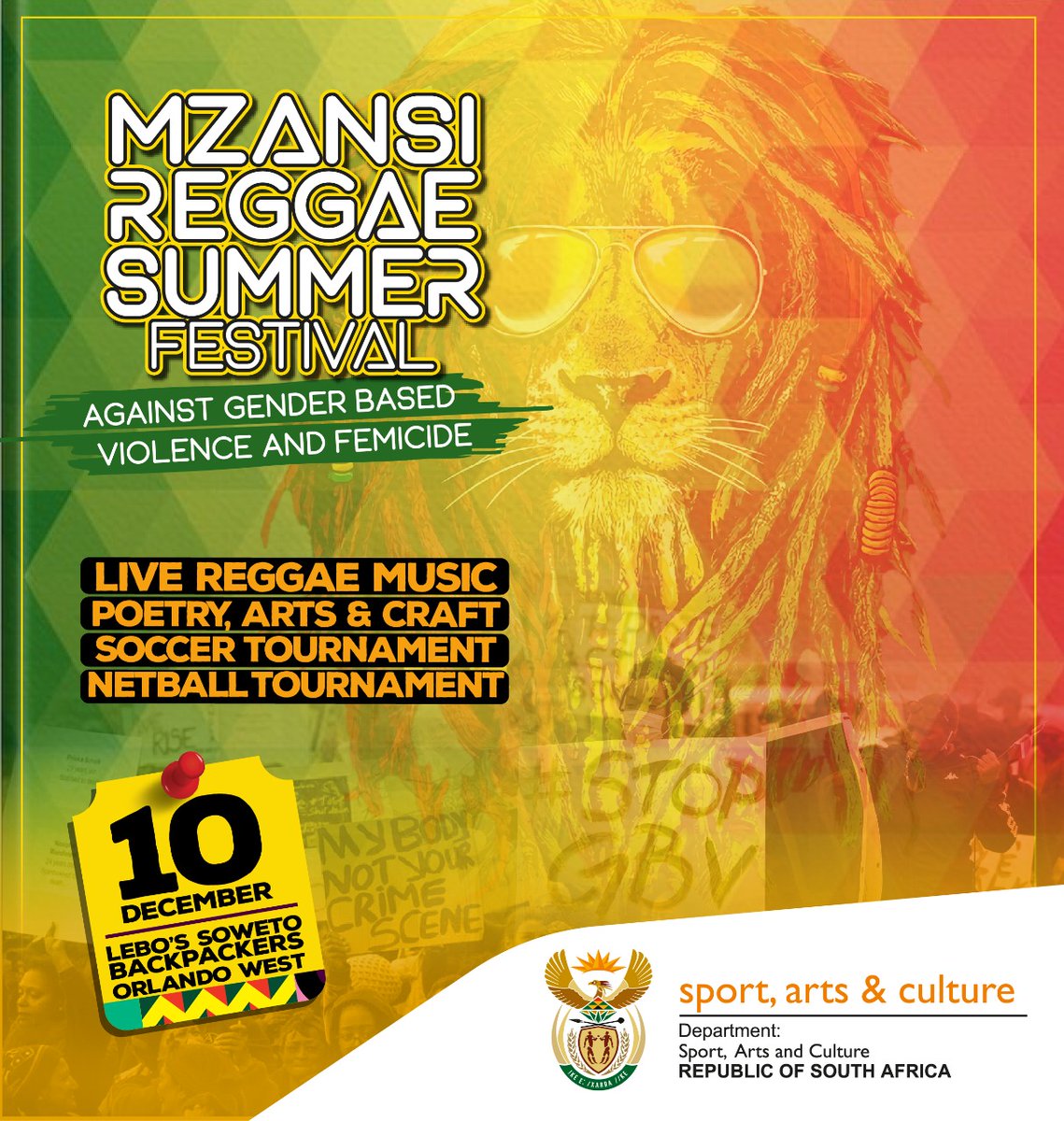 LionessProdSA's tweet photo. Mzansi Reggae Summer Festival
ποΈ10 Dec
π‘ Lebo's Soweto Backpackers
ποΈ Free Entry
β°12pm till Babylon fall
See you there!
#reggaesaynotoGBVF #responsiveaccountability #perfectbalance #livereggaemusic #reggaemusicislife #healingvibes #africanmusic #goodvibesonly #1Loveπ€β€οΈππ https://t.co/UOBgmFVdGU