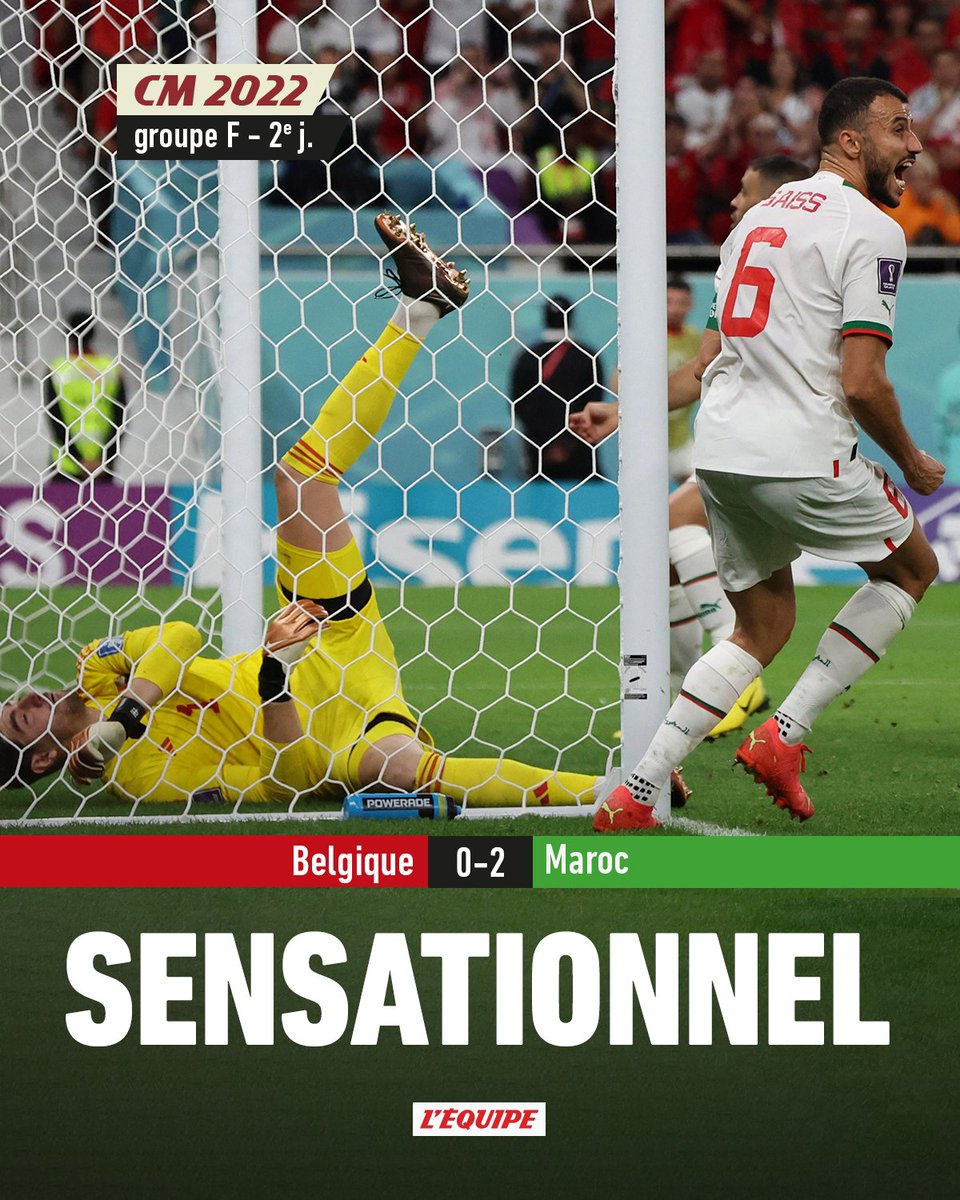 lequipe's tweet photo. Le Maroc a remporté un précieux succès ce dimanche face à la Belgique (2-0) prenant provisoirement la tête du groupe F avant le match entre la Croatie et le Canada à 17h > https://t.co/OEHbzV4a86 #BELMAR https://t.co/TqB3LpG6cB