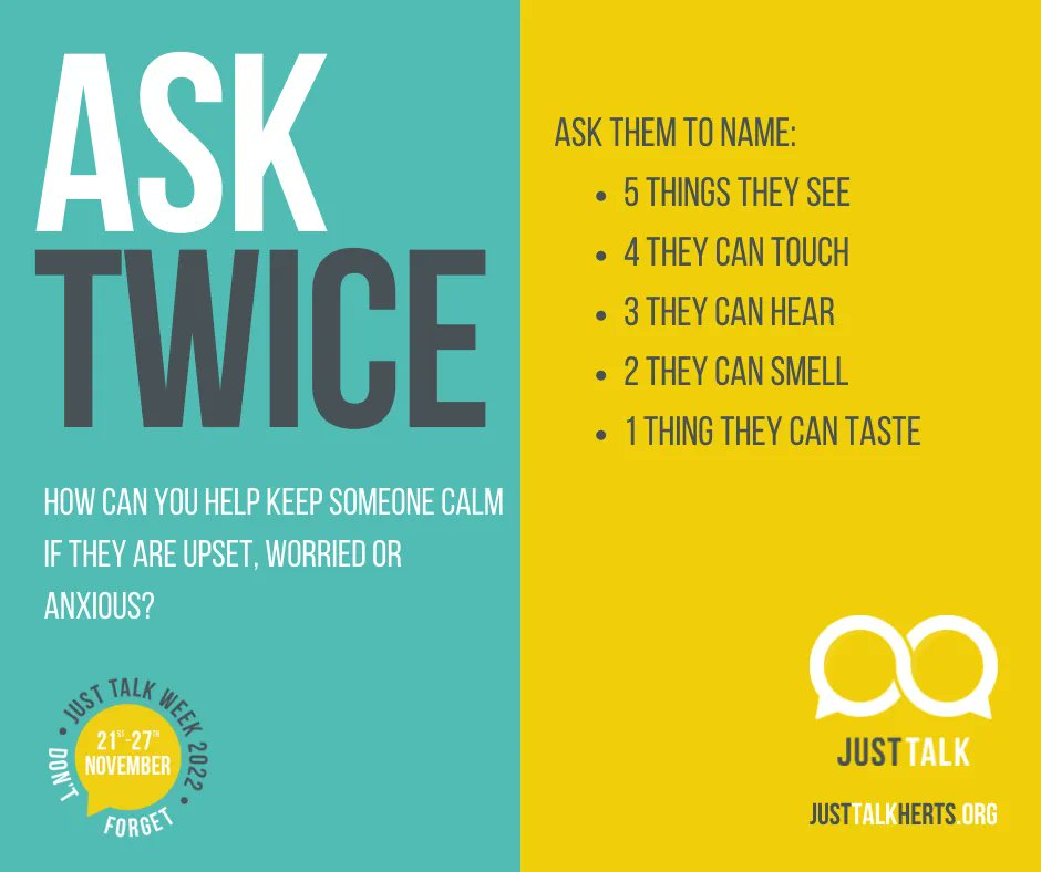 JustTalkHerts's tweet photo. What can you do to help calm or ground someone who is feeling upset, worried or anxious? Try keeping them present with this 5 see, 4 touch, 3 hear, 2 smell, and 1 taste exercise.
#JustTalkWeek #LookBeneathTheSurface #MentalHealthAwareness https://t.co/UIyHexgj2r