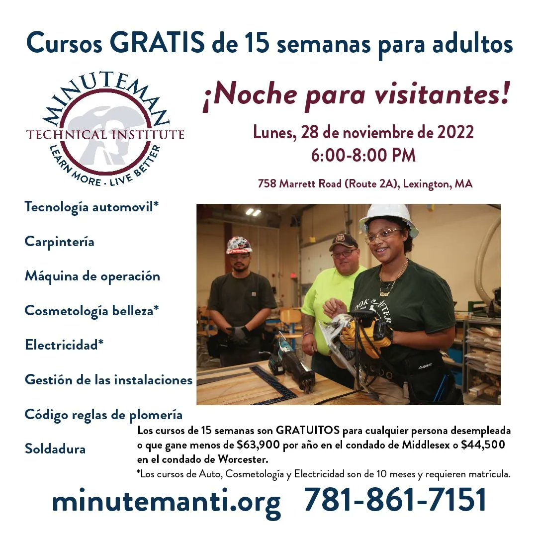 OPEN HOUSE ON MONDAY: A reminder that Minuteman Technical Institute (MTI) will hold an open house on Monday, Nov. 28, from 6:00-8:00 PM in Lexington. 

MTI's next round of 15-week FREE adult workforce development programs begin in January. Details: minutemanti.org/openhouse