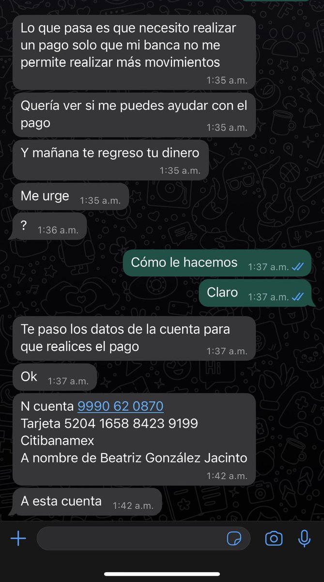 Caroline France Mendoza Leclere (@carolinefrancem) on Twitter photo ATENCIÓN <a href="/Citibanamex/">Citibanamex</a> hackearon mi WhatsApp y están pidiendo dinero a mis contactos para depositar en una cuenta con ustedes! Revisen por favor para evitar #fraudes cuidado!!!@Citibanamex <a href="/SSC_CDMX/">SSC CDMX</a> <a href="/FGRMexico/">FGR México</a> ATENCIÓN <a href="/Citibanamex/">Citibanamex</a> hackearon mi WhatsApp y están pidiendo dinero a mis contactos para depositar en una cuenta con ustedes! Revisen por favor para evitar #fraudes cuidado!!!@Citibanamex <a href="/SSC_CDMX/">SSC CDMX</a> <a href="/FGRMexico/">FGR México</a>